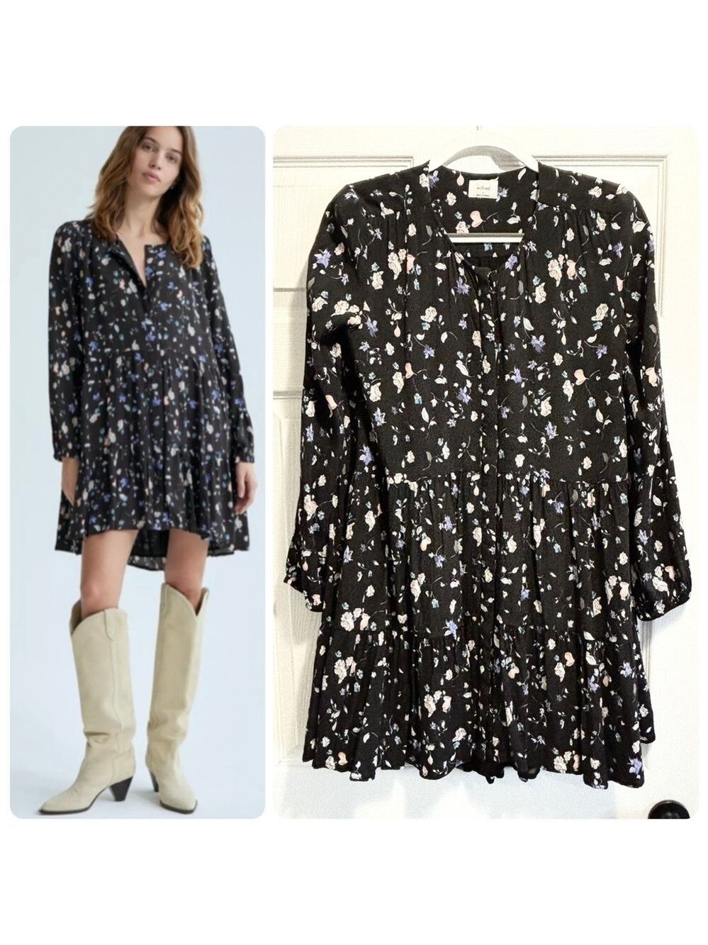 Aritzia Wilfred Barossa Dress Black Floral Babydoll Long Sleeve Size Small
